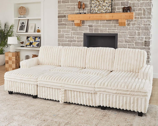 Belffin Modular Sectional Sleeper Sofa with Pull Out Couch Bed Corduroy Double Chaise with Storage White Couch