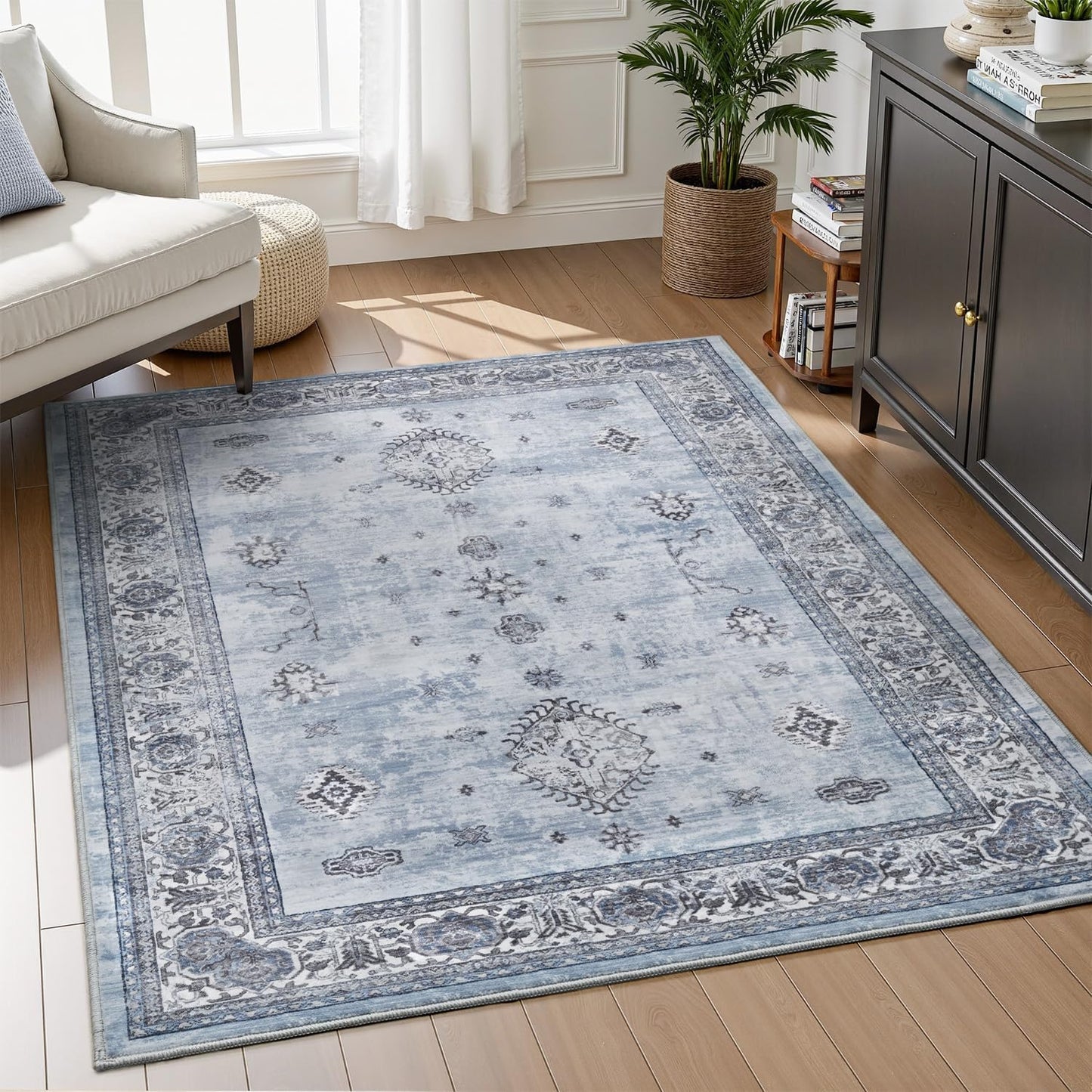 AMOAMI-Vintage Area Rug 4x6 Blue Rugs for Living Room-Soft Living Room Rug Non Slip Rugs for Bedroom Carpet Machine Washable Rug for Dining Room Bedside Office Room Decor