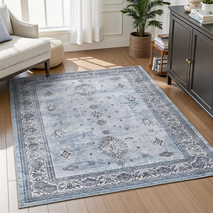 AMOAMI-Vintage Area Rug 4x6 Blue Rugs for Living Room-Soft Living Room Rug Non Slip Rugs for Bedroom Carpet Machine Washable Rug for Dining Room Bedside Office Room Decor