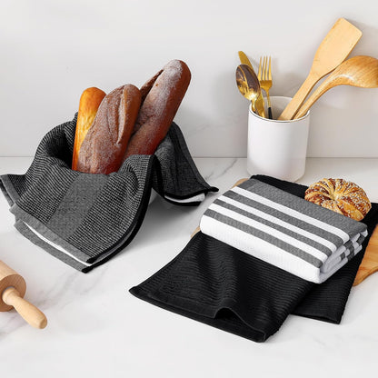 Homaxy Premium Kitchen Towels(18”x 28”, 6 Pack), Large Cotton 380 GSM Kitchen Hand Towels, Soft and Absorbent Terry Dish Towels, Multipurpose Tea Towel Set with Hanging Loop, Black