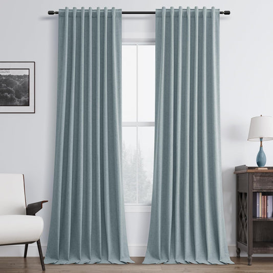 BOODII 108 Inch Black Out Curtains 2 Panels Set Back Tab Thermal Insulated Natural Linen Textured Blackout Curtains Noise Reducing Stone Blue Neutral Living Room Darkening Window Drapes 52x108