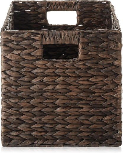 Casafield 10.5" x 10.5" Water Hyacinth Storage Baskets, Espresso - Set of 2 Collapsible Cube Organizers, Woven Bins for Bathroom, Bedroom, Laundry, Pantry, Shelves