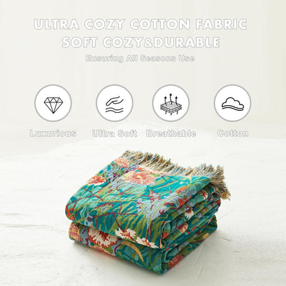 MSGKV Boho Throw Blanket for Bed Twin Size Cotton Muslin Breathable Floral Blanket 60"x80" Sofa Couch Blankets for All Seasons Lightweight Farmhouse Blankets Boho Home Decor