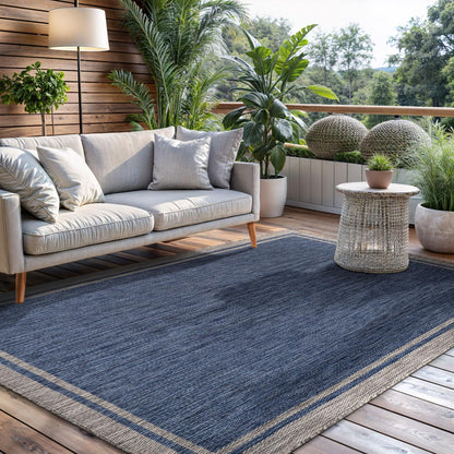 CAMILSON Outdoor Rug, 5x7 Bordered Navy Blue Gray Modern Area Rugs for Indoor and Outdoor Patios, Porches Waterproof Washable Porch Deck Outside Carpet (Bordered Navy, 5 x 7)