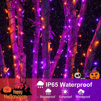 Purple Orange Halloween Lights Outdoor, 66FT 200 LED String Lights for Outside with 8 Modes Waterproof, Plug in Twinkle Tree Light Green Wire for Indoor Bedroom Garden Patio Party Decorations