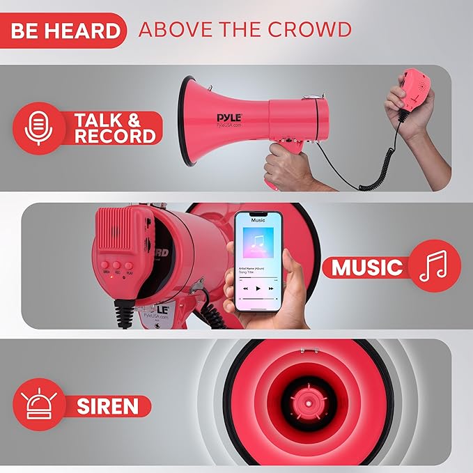 Pyle 50W Megaphone Bullhorn - Portable, Automatic Siren & Adjustable Volume, Projection Range Up to 1200 Square Yards, Aux Input, Talk, Siren, Music, Whistle, & Record, Shoulder Strap (Black)