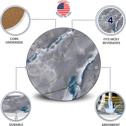 Emerson Coasters for Drinks Absorbent – Natural Stone Drink Coasters Set with Holder, Coasters for Coffee Table, Wooden Tabletop Protection Marble Style – 100% Heavy Duty Set of 6 (Graphite)