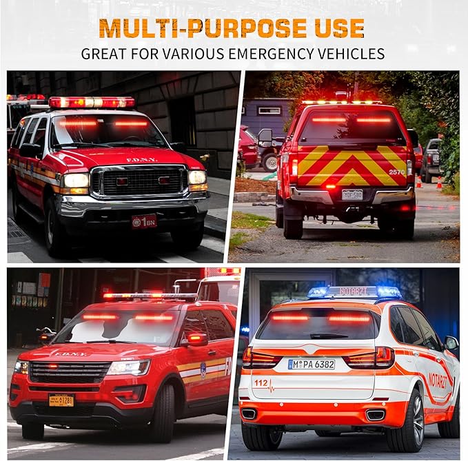 XRIDONSEN 2 in 1 Red Emergency Strobe Traffic Advisor Light Bar 144 LED Warning Safety Interior Dash Windshield Lights Deck Split Mount for Police Volunteer Firefighter Vehicles Trucks (2x17.7 inch)