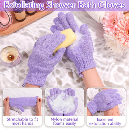 Anezus Exfoliating Back Scrubber Bath Gloves Set, Exfoliating Shower Towel with Shower Gloves for Body Scrub, Back Cleaner Wash Gloves to Remove Dead Skin (Purple)