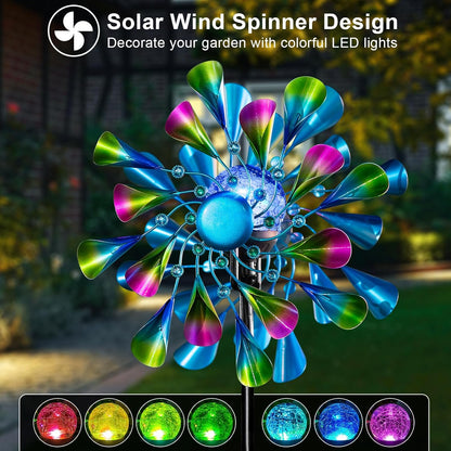 60'' Wind Spinner with Color Glass Ball Solar Lights, Green Peacock Feathers Metal Garden Outdoor Decor Yard Lawn Art Decor for Patio Kinetic Windmills Unique Gifts for Friends and Family