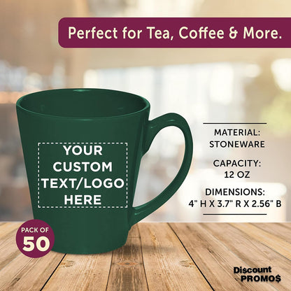 DISCOUNT PROMOS Custom Glossy Ceramic Latte Coffee Mug 12 oz. Set of 50, Personalized Bulk Pack - Perfect for Tea, Espresso, Cappuccino, Hot Cocoa - Green