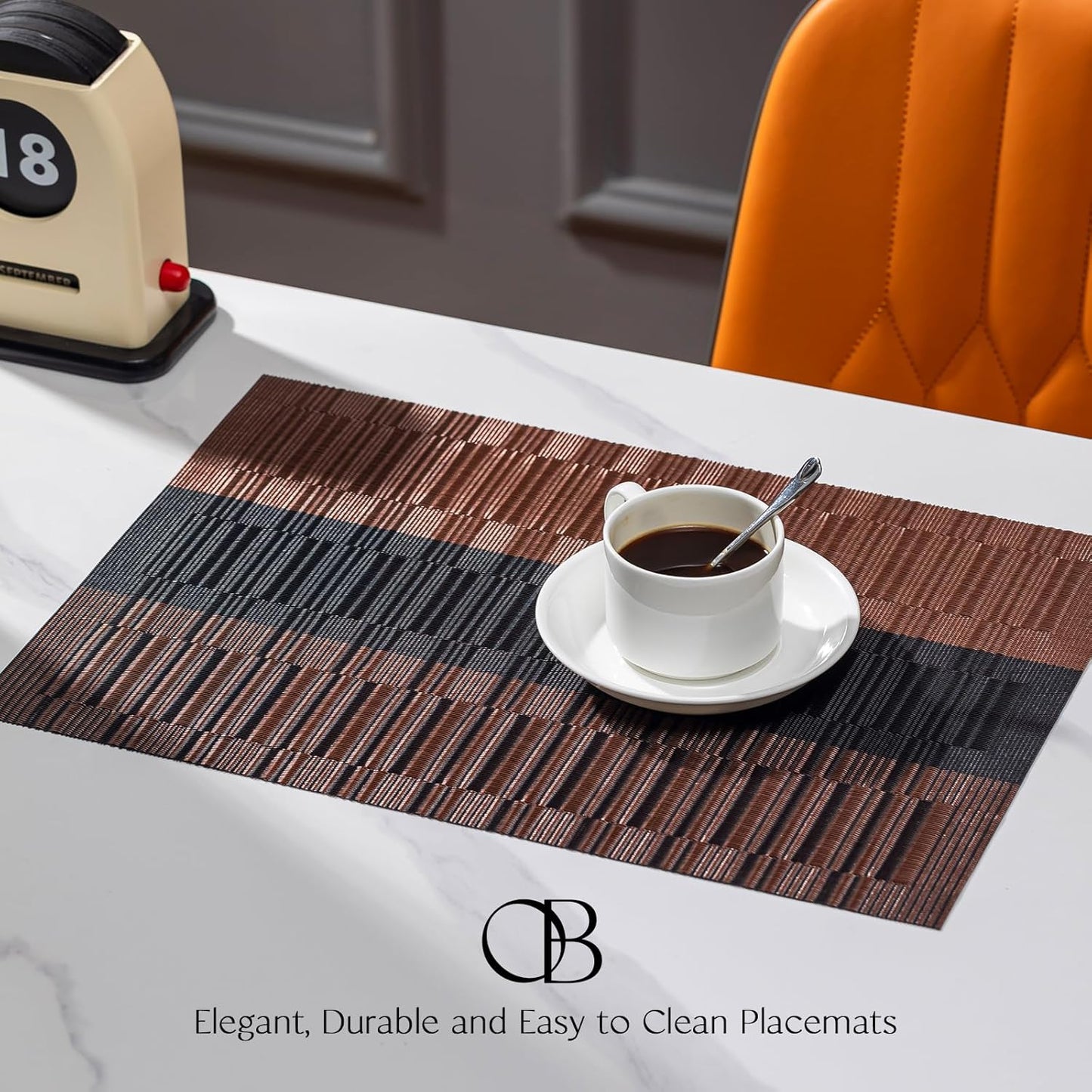 Placemats Set of 12 - Easy Clean Woven Vinyl Placemats for Dining Table, Indoor/Outdoor Place Mats, Washable PVC Table Mats （Ombre Brown Black）