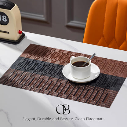 Placemats Set of 6 - Easy Clean Woven Vinyl Placemats for Dining Table, Indoor/Outdoor Place Mats, Washable PVC Table Mats （Ombre Brown Black）