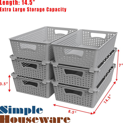 Simple Houseware Stackable Plastic Woven Basket Organizer, 6 Pack, 14.5" x 8.5" x 3.5", Gray