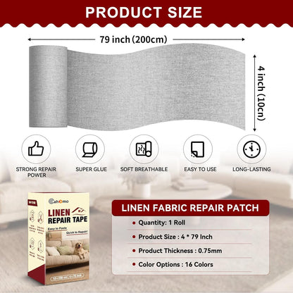 Linen Repair Tape 4x79 inch, Self Adhesive Fabric Patches, Linen Patch Tape Kit, Fabric Repair Tape for Couch Sofas, Headboards, Chairs, Pillows, Curtains, Couches- Light Grey
