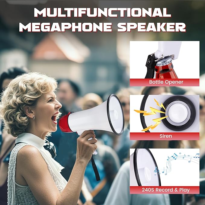 MyMealivos Portable Megaphone Bullhorn 20 Watt Power Megaphone Speaker Voice and Siren/Alarm Modes with Volume Control and Strap (White&Red)
