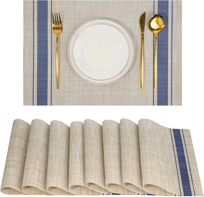 Placemats Set of 8，Non-Slip PVC Weave Table Mats Easy to Clean，Heat Resistant Place Mats for Kitchen Dining Table Decoration Indoor Outdoor，Khaki Blue