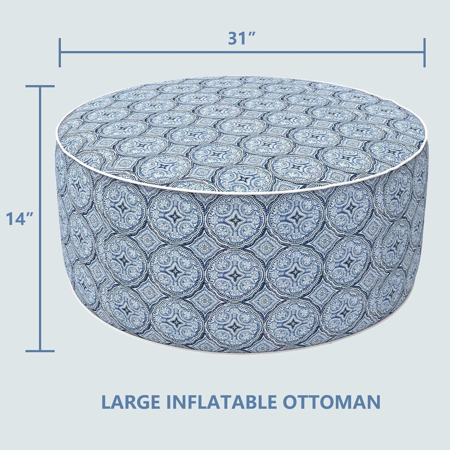 LVTXIII Outdoor Inflatable Ottoman, Fade-Resistant Round Footrest Stool D31”x H14”, Portable Patio Pouf for Garden Camping or Home Use, Medallion Blue