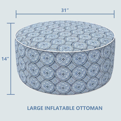 LVTXIII Outdoor Inflatable Ottoman, Fade-Resistant Round Footrest Stool D31”x H14”, Portable Patio Pouf for Garden Camping or Home Use, Medallion Blue