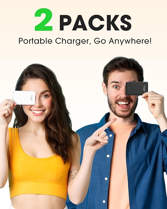 TG90° 2 Pack 5000mAh Portable Charger,Small Power Bank Built-in AC Plug and Cables,Pocket Size USB C External Battery Pack Compatible with iPhone 17 16 15 14 Samsung Google iPad,Black & White