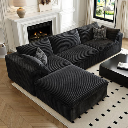 118" Cloud Couch Modular Sectional Sofa for Living Room,Modern Sofa with Deep Seat，L-Shape Boneless Couch with Ottoman,Comfy Upholstered Corduroy Couches for Apartment, Studio, Office,Bedroom，Black