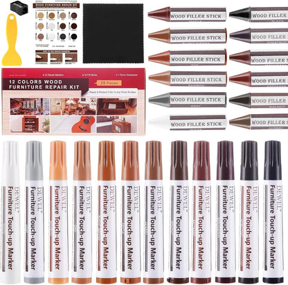 DEWEL Wood Furniture Markers & Filler Sticks Repair Kit, New Improved 12 Colors Touch Up Markers and Crayons - Covering Damaged Wooden Surfaces and Floors, for Pets Scratches, Stains, Cracks and Dents