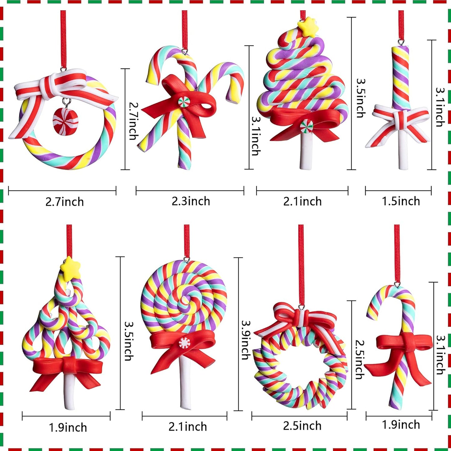 codree 8 PCS Christmas Lollipop Ornaments- Candy Ornaments for Christmas Tree- Candies Polymer Clay Ornament for Xmas Tree Party Hanging Decoration