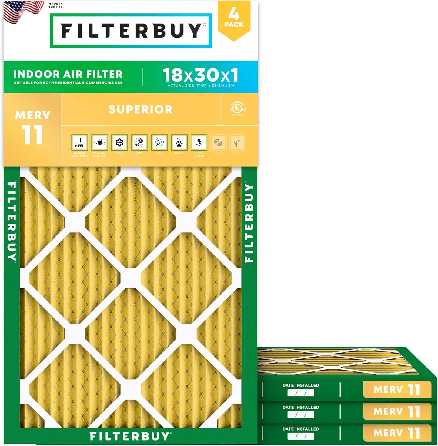 Filterbuy 18x30x1 Air Filter MERV 11 (MPR 1200) Allergen Defense Replacement (4-Pack), Electrostatic Pleated HVAC AC Furnace Filters, Made in USA (Actual Size: 17.75 x 29.75 x 0.75)