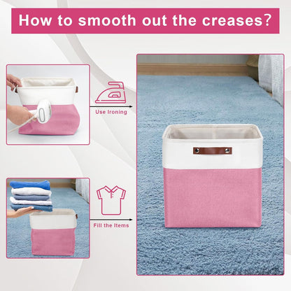13x13 Cube Storage Bins, Collapsible Fabric Storage Box, 4 Pack Closet Baskets with Handles for Organizing, Shelf, Toys, Clothes, Home, Office, Nursery (Pink&White)