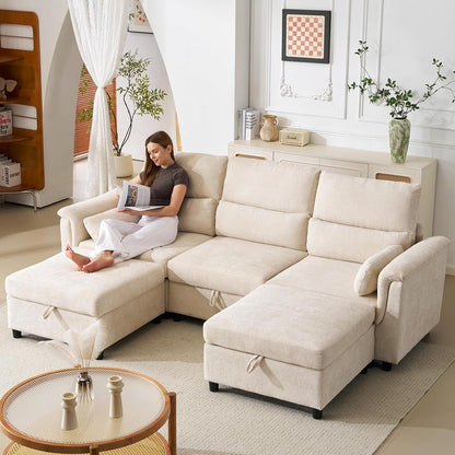 103''U Shaped Modular Sectional Sofa, Comfy Cloud Sectional Couch with Storage Ottoman, Chenille Deep Seat Modern Modular Sofa with 2 Throw Pillows for Living Room,Beige
