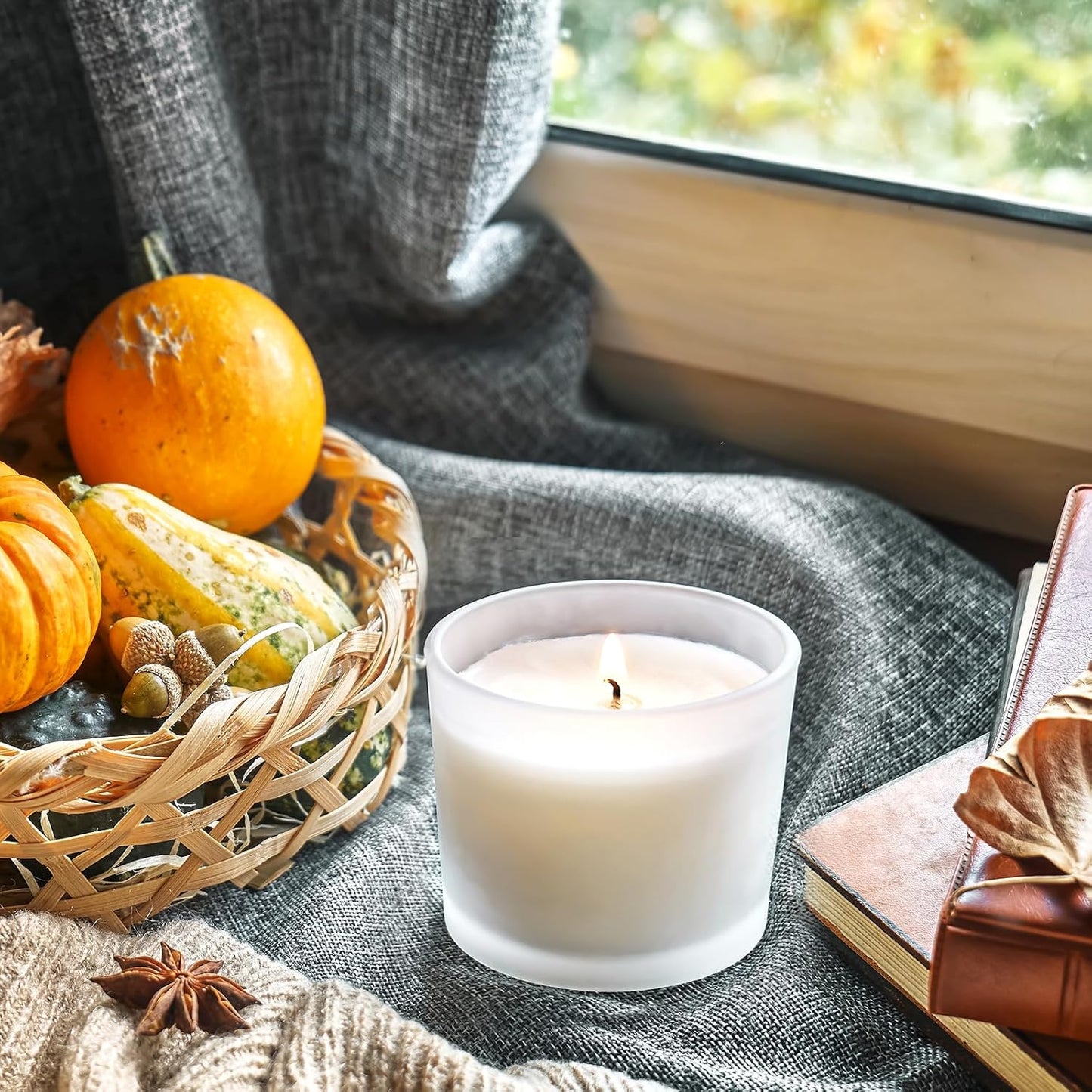 12 OZ Thick Candle Jars for Making Candles 12 Pcs, Empty Jars with Wood Lids for Spice Jars, Sample Container, Frosted White