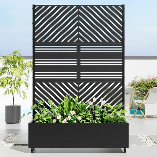 Casaphoria Metal Raised Garden Bed with Trellis and Wheels, 72"x47"x16" Planter Box for Climbing Plants, Vegetables & Vines, Features Drainage Holes and Privacy Screen, Black(Parallel&Harold)