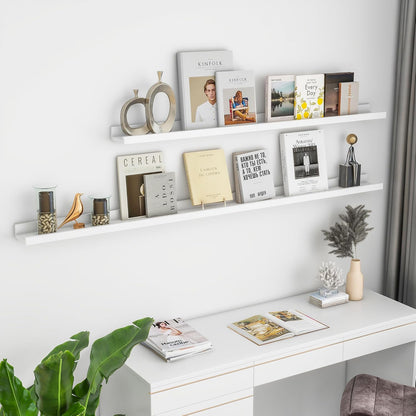 Solid Ash Wood Picture Ledge Shelf, Wood Floating Shelves Set of 2, 48 Inch Long Large Photo Ledge Shelves, Nursery Book Shelves Wall Mounted for Living Room Kids' Bedroom Decor, White