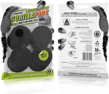 Slipstick GorillaPads Non Slip Furniture Pads/Gripper Feet Floor Protectors (Set of 16) Premium 2 Inch Round Self Adhesive Rubber Stoppers for Furniture Legs