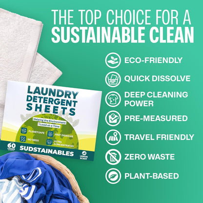 Sudstainables Laundry Detergent Sheets (60 Loads) – Eco-Friendly, Zero Waste, Plastic-Free Laundry Washing Machines Soap Sheets; Dissolvable, Space-Saving Strips for Travel (Lemon)
