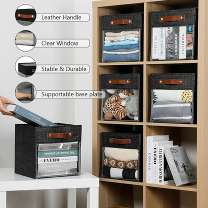 HNZIGE Fabric Cube Storage Bins 11 x 11, Collapsible Storage Cubes Bins for Storage Shelves,Foldable Cube Storage Bins for Storage, Cubby Closet Clear Bins for Storage Blanket(Prints Black 6PCS)