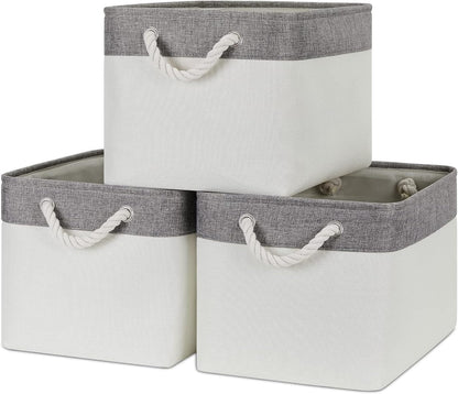 Bidtakay White Baskets with Cotton Rope Handles Decorative Storage Bins [3-pack] Fabric Bins for Organization Linen Closet Shelf Storage Baskets for Clothes Toys Towels 15 X 11 X 9.5 Inches