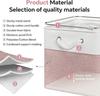 13x13 Inch Cube Storage Bins with Reinforced Bottom Cardboard, 6 Pack Large Collapsible Fabric Storage Cubes with Handles for Shelf, Closet, Toy, Laundry Organization (White&Pink)