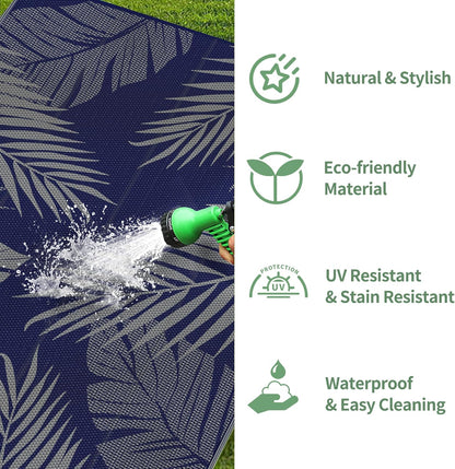 GENIMO Outdoor Rug 9' x 12' Waterproof for Patios Clearance, Reversible Outdoor Plastic Straw Camping Rug Carpet, Large Area Rugs Mats for RV, Camper, Deck, Balcony, Porch, Beach, Navy Blue&Grey