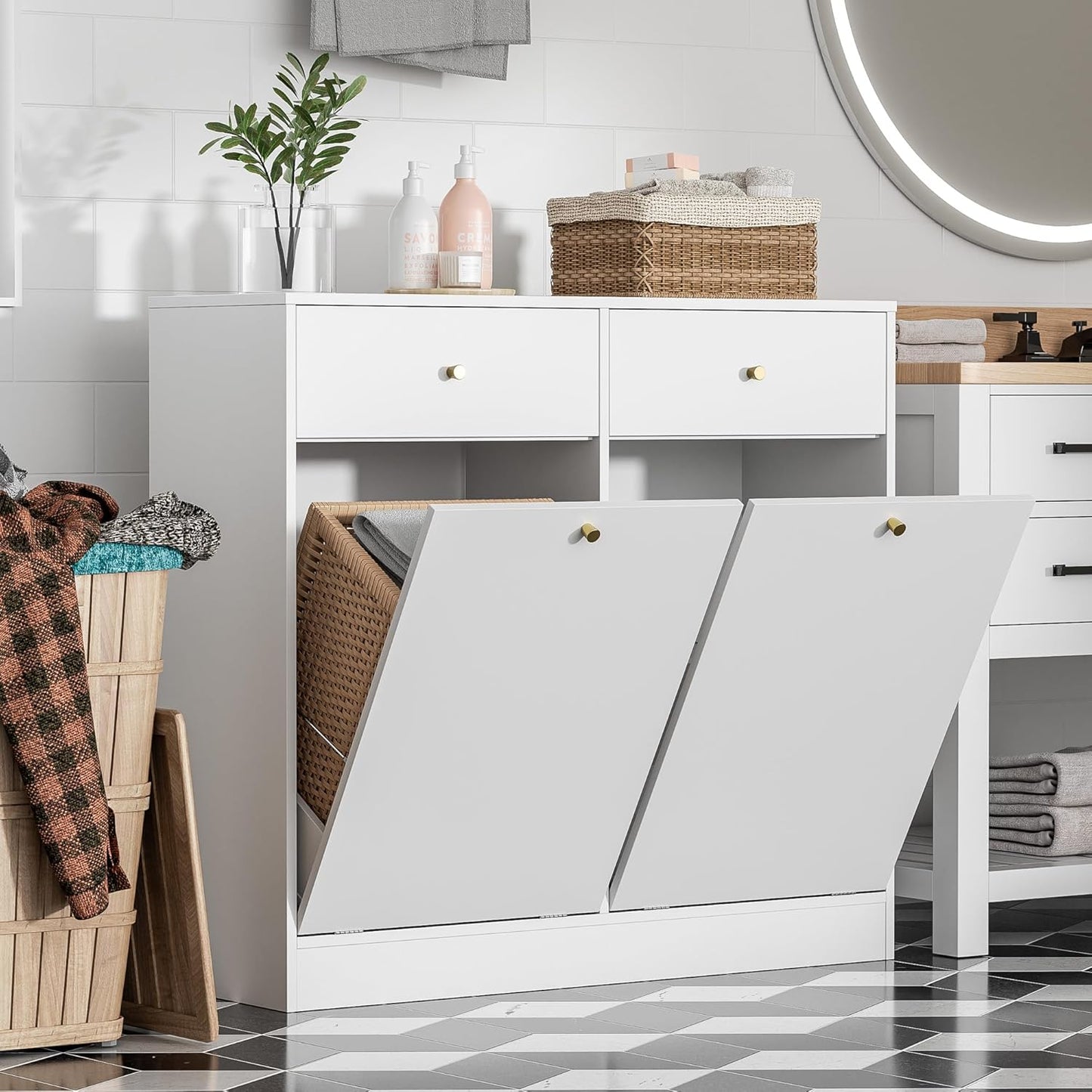 Double Tilt Out Trash Can Cabinet with 2 Drawers, Trash Storage Cabinet, Hidden Garbage Bin, Free Standing Laundry Sorter Organizer for Kitchen Dining Living Room, Bathroom, White