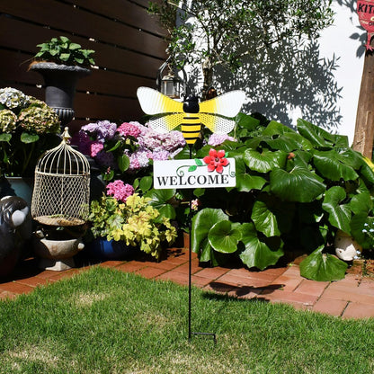 Veclotch 30"" H Metal Bee Garden Stake,Rustic Bee Decorative Yard Stakes Metal Yard Art Ornaments Welcome Sign Outdoor Spring Garden Decor for Patio Lawn Porch Pathway Decor