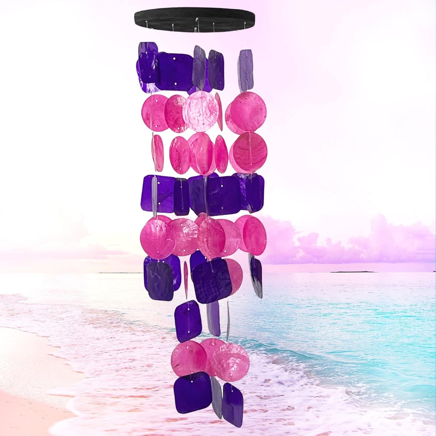 Bellaa 24841 Wind Chimes Outdoor, Garden Decorations, Musical, Indoor/Outside Windchimes, Beach, Ocean Breeze, Gifts for Mom, Gift for All Occasions, Capiz Sea Glass Shells Wood Pink Purple