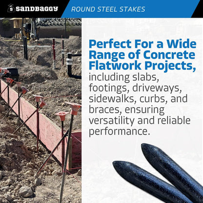 Sandbaggy Round Steel Concrete Form Stakes with Nail Holes - Rust Resistant Coating - Removable, Reusable (100, 3/4 in X 36 in)