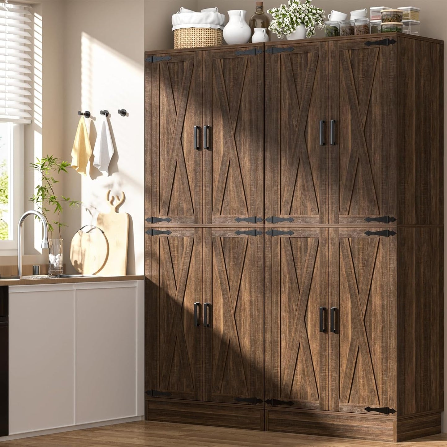 Unikito 71" Farmhouse Kitchen Pantry Storage Cabinet with Barn Doors, Adjustable Shelves & Drawer Organizer, Versatile Tall Storage Cupboard for Dining Room, Bathroom, Utility Room, Weathered Brown