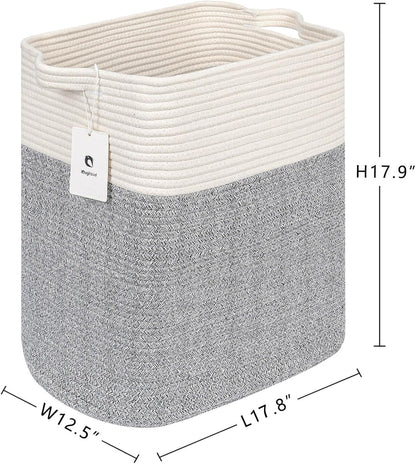 Storage Baskets for Clothes Fabric Cotton Rope Storage Basket with Handles, Decorative Woven Basket for Living Room,Closet Organizer Blankets, and 2bags (Silver Gray, L17.8×W12.5×H17.9)