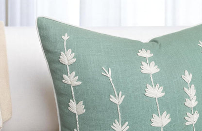 VAGMINE Hand Embroidered Daisy Accent Throw Pillow Cover - 18x18 Inches Square - 100% Cotton Light Teal Decorative Cushion Cover for Couch, Sofa, Bed - Textured Embroidery - Elegant Floral Home Décor