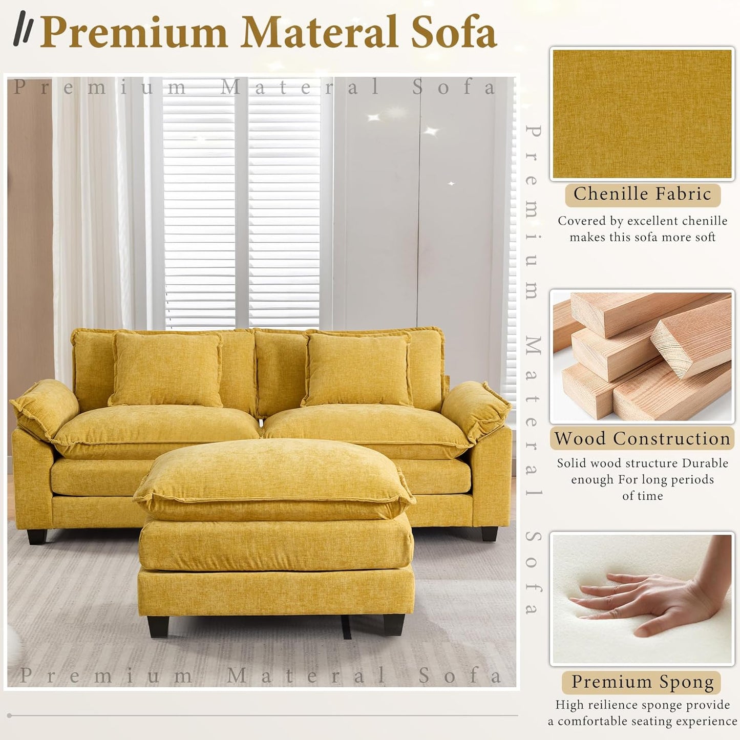 URRED Modular Sectional Sofa Comfy Cloud Couch, Modern Chenille Sofa Sleeper Deep Seat Couches with Ottoman/Pillows for Living Room (Yellow, 82.6''- L Shape)