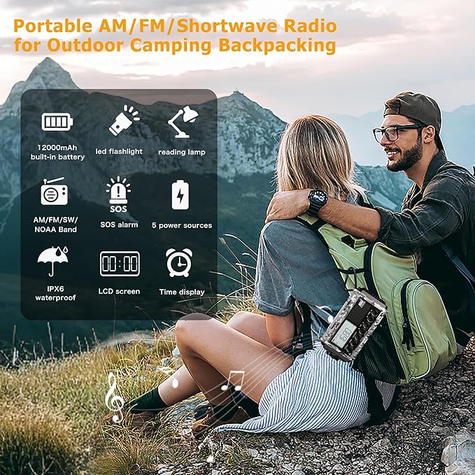 Emergency Radio 12000mAh with NOAA Weather Alert | Solar, Hand Crank, Battery AM/FM/Shortwave with Type-C Charger, Flashlight, SOS for Hurricane, Camping, Outdoor Survival