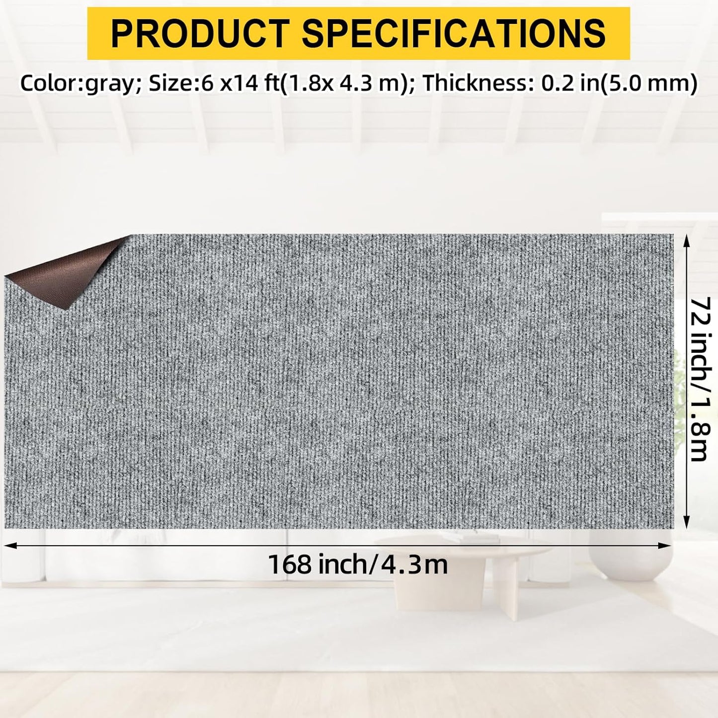 Marine Carpet,6 FT x 14 FT Smoke Gray Indoor Outdoor Carpet 0.2" Thick Boat Carpet with Water-Proof TPE Backing, Non-Slide Outdoor Marine Carpet Roll for Home, Patio, Porch, Deck