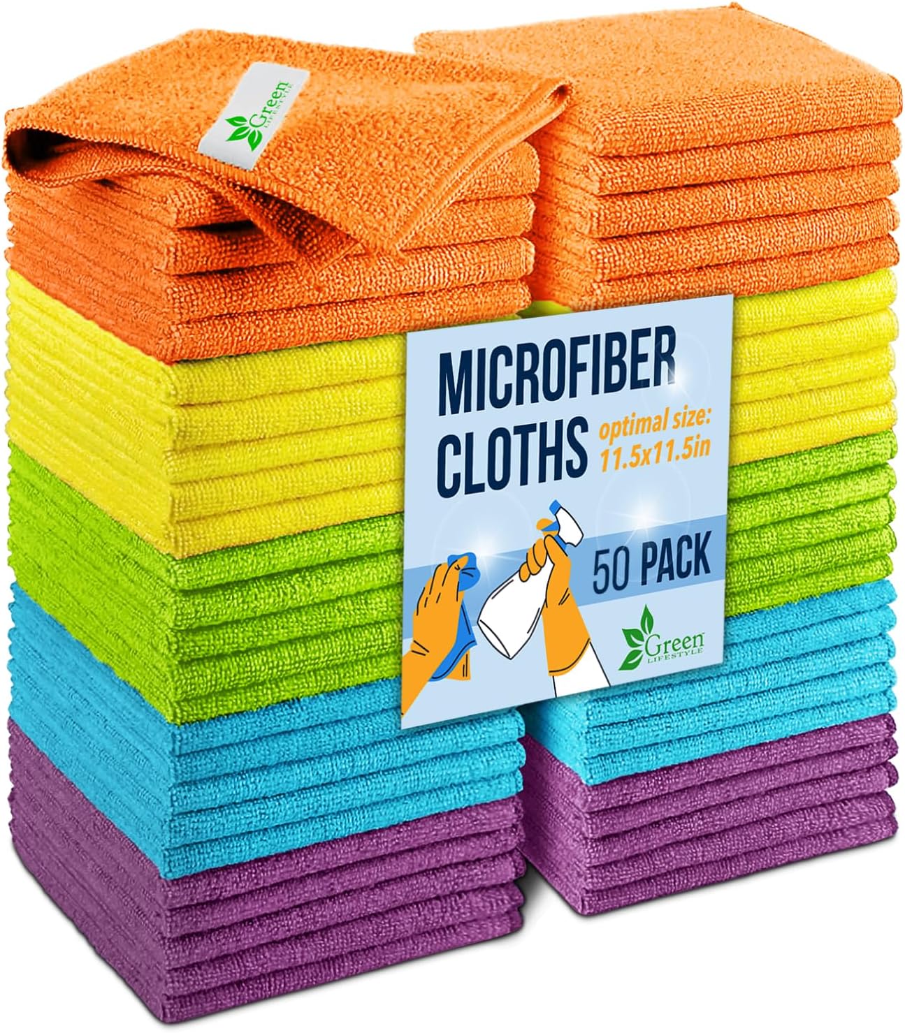 GREEN LIFESTYLE Chamois Cloth, Microfiber Cleaning Cloth 50 Pack, Borderless Towels Cleaning, Car Microfiber Towel, Drying Car Wash Towels (11.5" x 11.5", Multicolor)